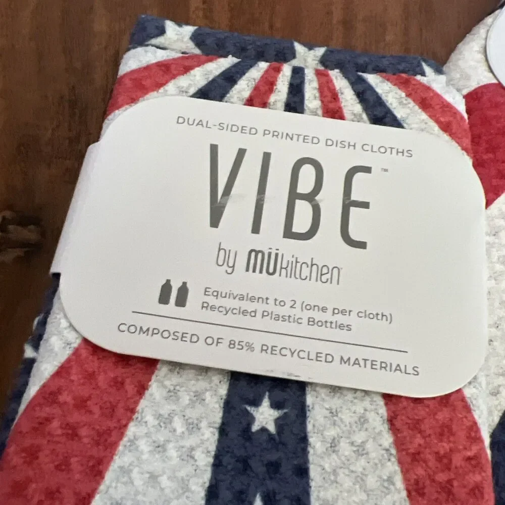 Vibe By MUkitchen 3 Pc USA Tea Towel Cloths Scrub New Recycled Material